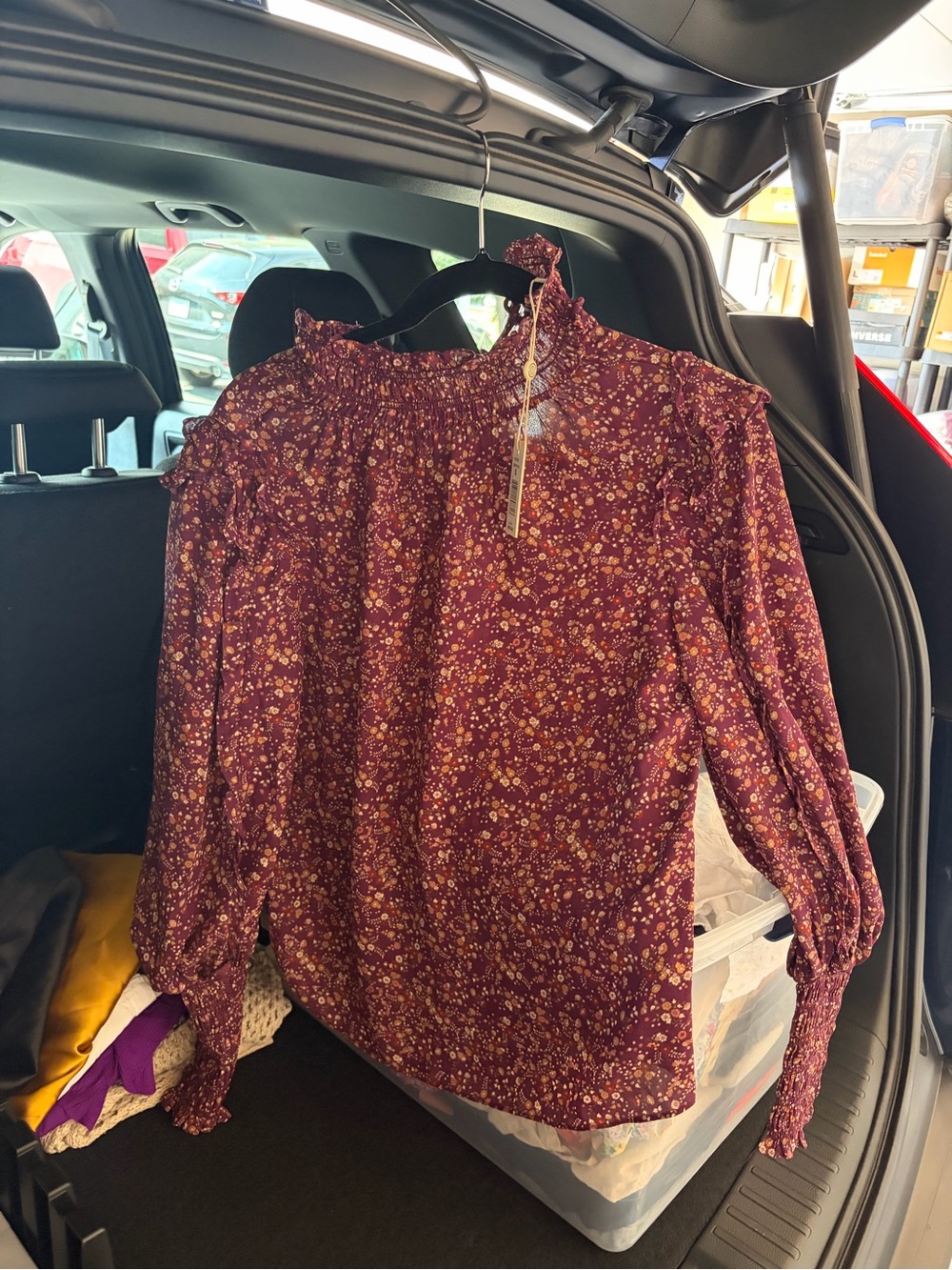 Max Studio Burgundy Floral Ruffle-Neck Blouse